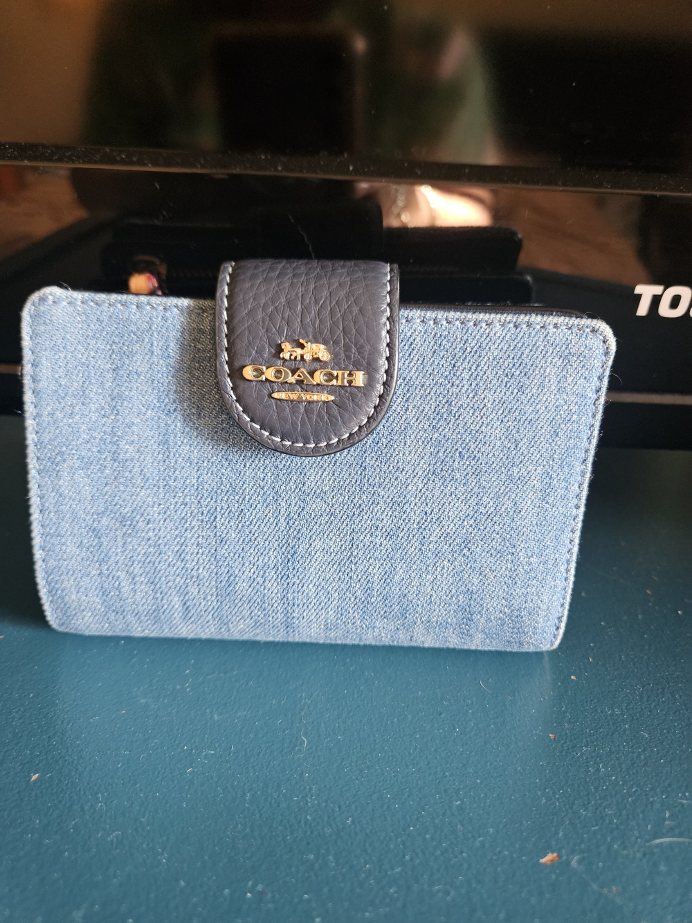 Coach Denim Card Holder with Navy Leather Snap and Gold Logo